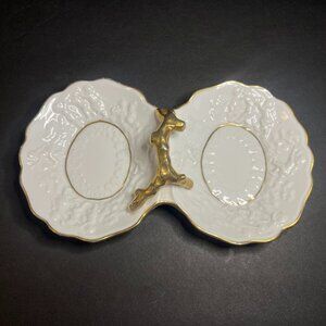 Vintage Capodimonte Mythical Off White & Gold Twig Trim Porcelain Double Dish 9"